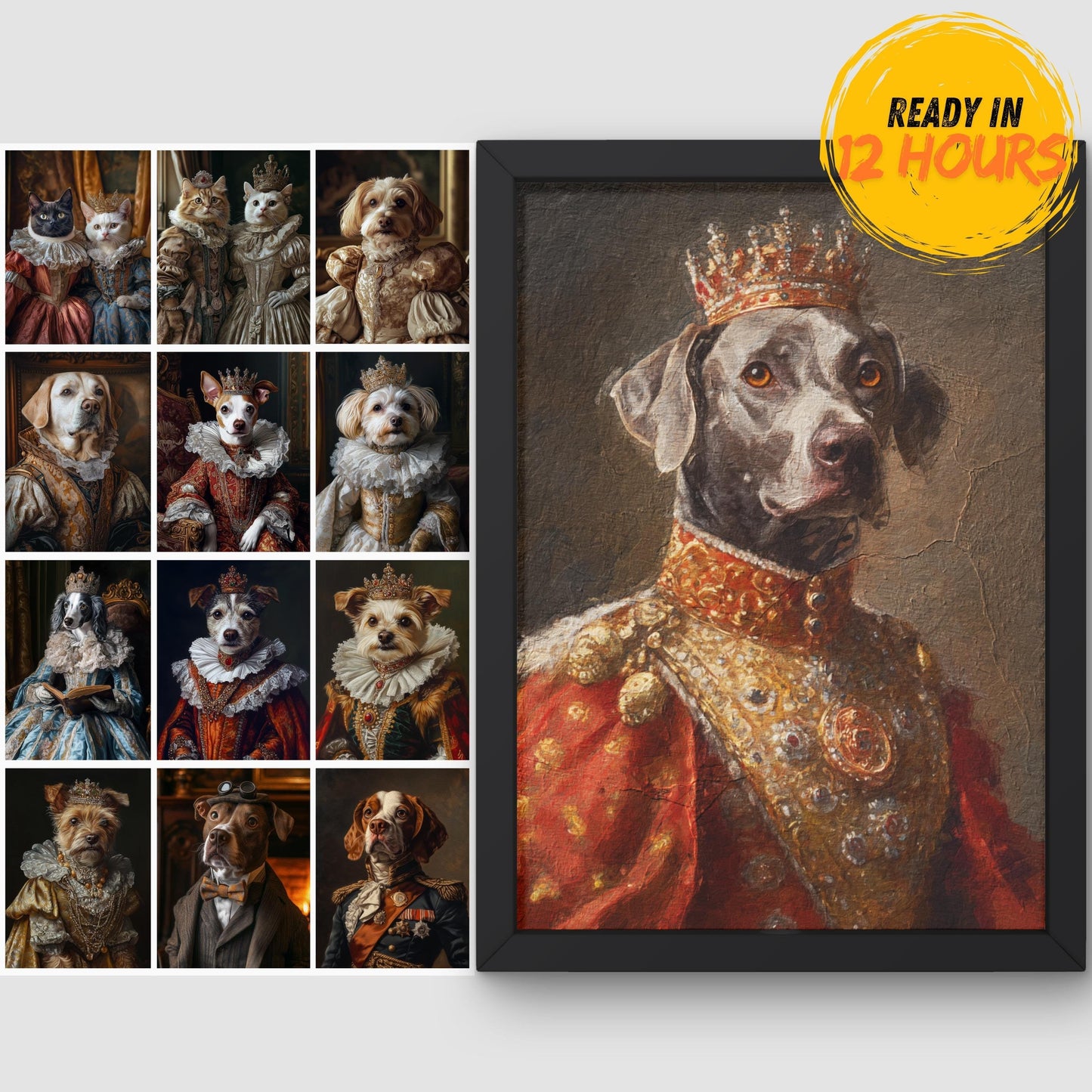 Renaissance-style black dog portrait wearing a golden crown and red costume with gold details, framed in wood. Surrounding the main artwork are 12 more Renaissance-style dog portraits