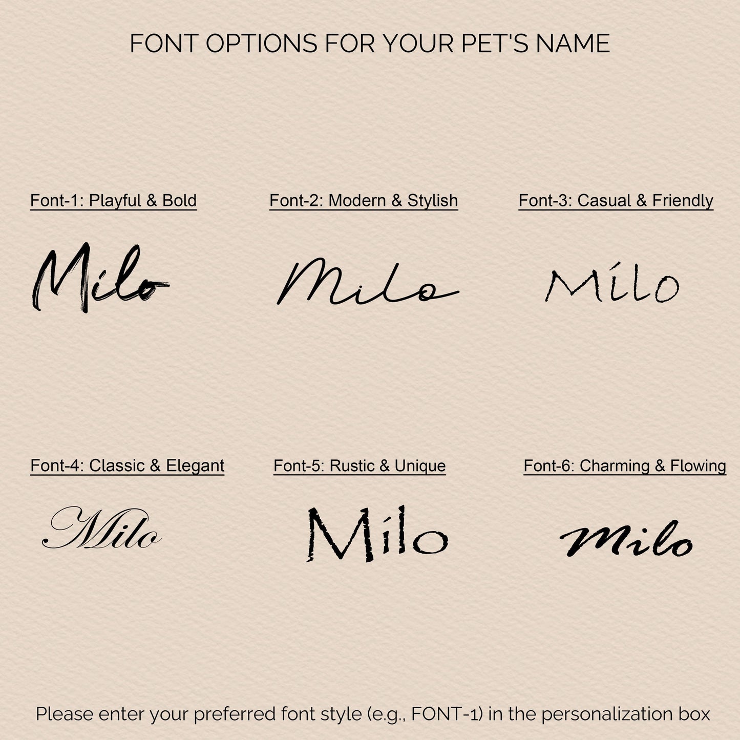 Font options for personalized pet portraits, showcasing six styles for pet names: Playful & Bold, Modern & Stylish, Casual & Friendly, Classic & Elegant, Rustic & Unique, and Charming & Flowing.