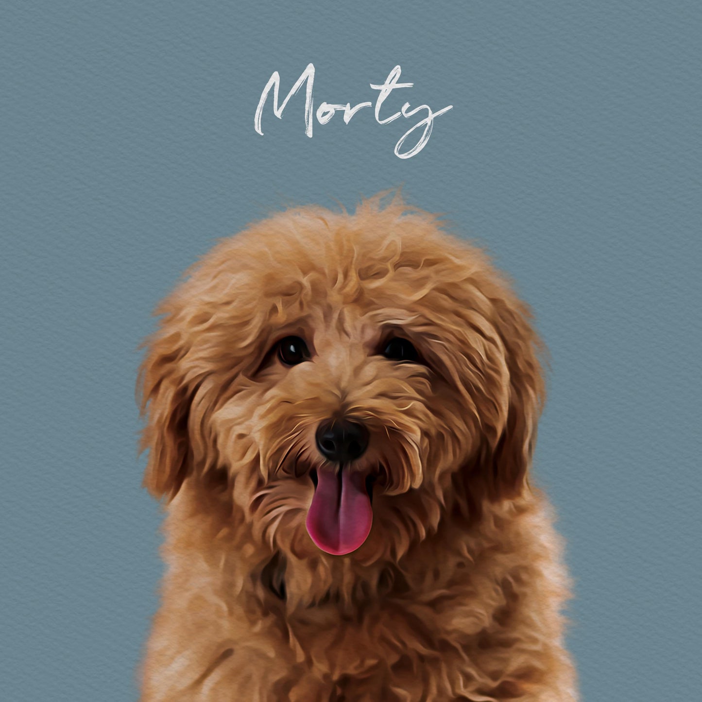 Custom pet portrait of a happy dog named Morty, with a blue background and personalized name in stylish script. Ideal gift for dog lovers seeking unique, personalized pet artwork.