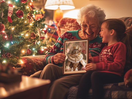Grandmother and granddaughter sharing a joyful moment by the Christmas tree, holding a framed royal pet portrait of a cat in a crown and regal attire. A heartwarming holiday gift idea for pet lovers.