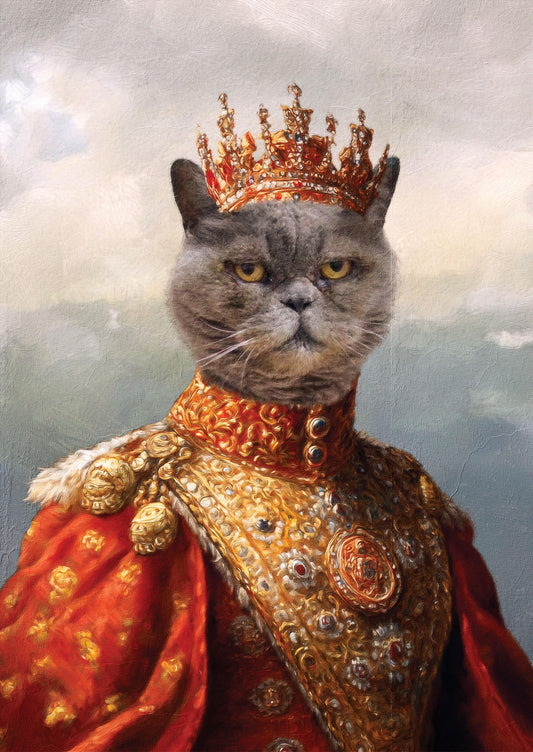 Royal cat portrait of a grey cat wearing an ornate red and gold regal outfit with an intricate crown, styled in classic Renaissance fashion. Perfect for pet lovers seeking unique, royal cat artwork.