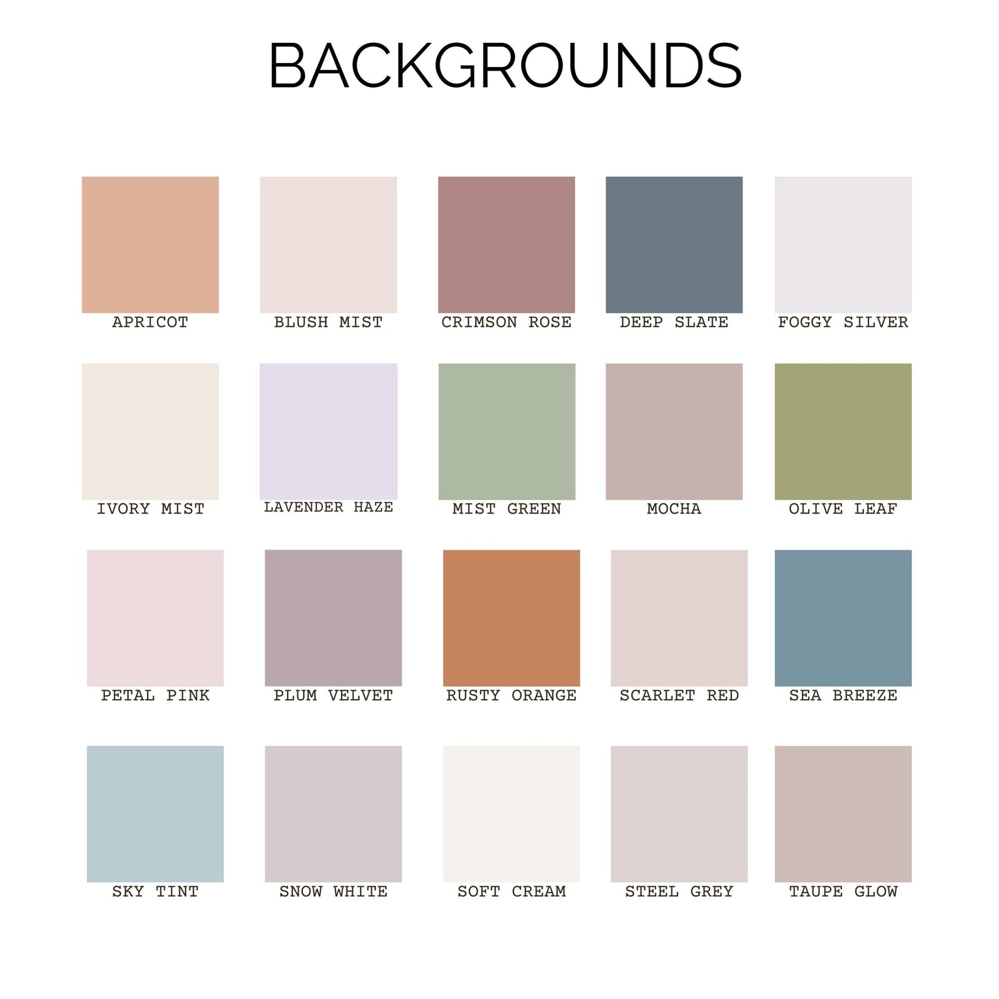 Background color options for custom pet portraits, featuring 20 shades including Apricot, Blush Mist, Crimson Rose, Deep Slate, Foggy Silver, and more. Ideal for choosing personalized pet portrait backgrounds.