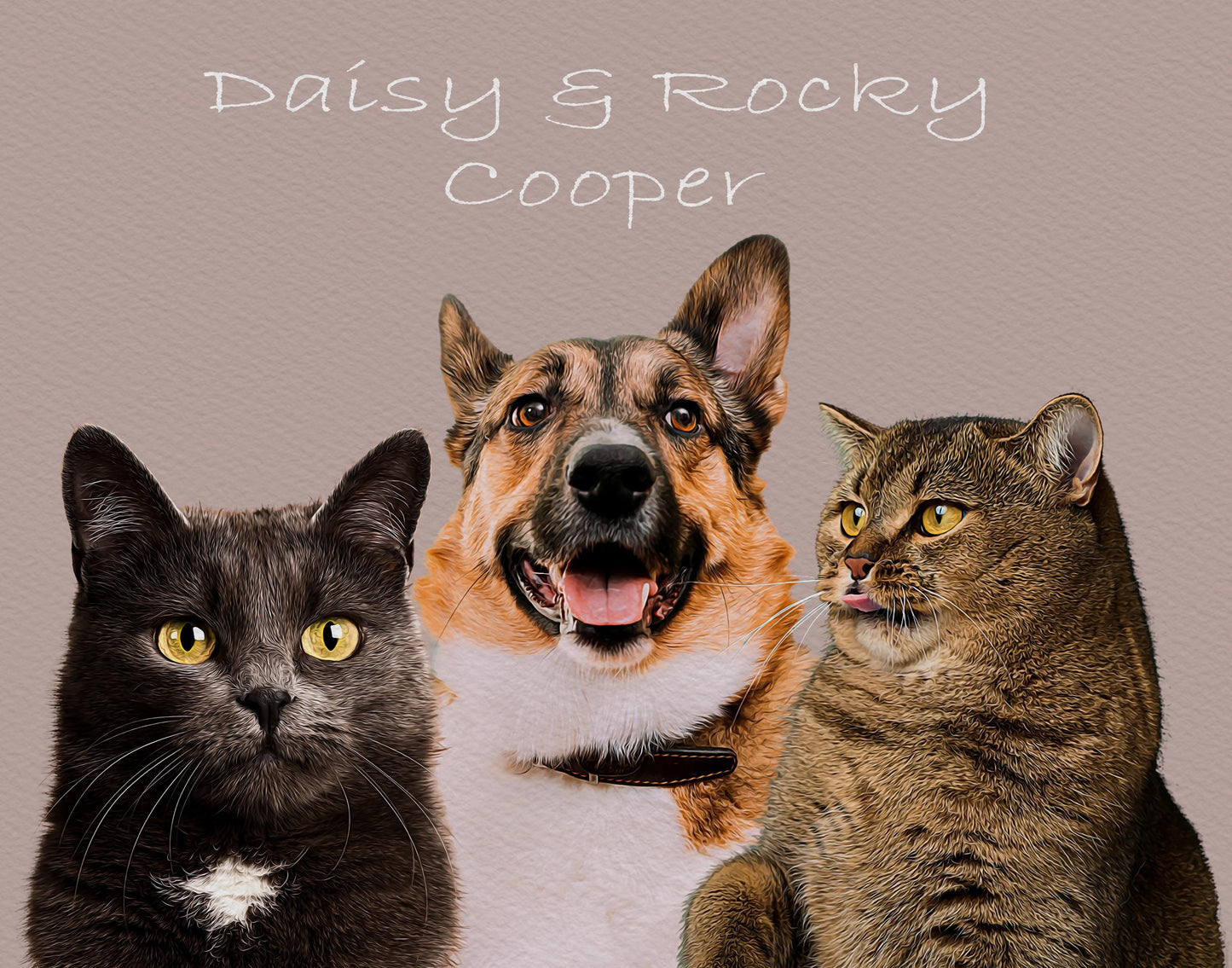 Custom pet portrait featuring two cats, Daisy and Rocky, alongside a dog named Cooper, with each pet’s unique expression captured on a neutral background. Ideal for pet lovers looking for personalized multi-pet artwork.
