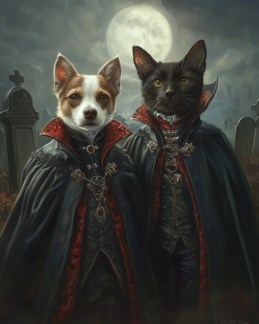 Custom Vampire Pet Portrait for Two Pets, Personalized Halloween Pet Art