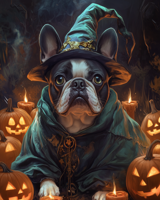 Witch-Themed Pet Portrait from Photo, Custom Halloween Pet Art, Canvas or Framed Poster, Personalized Pet Gift for Halloween Lovers