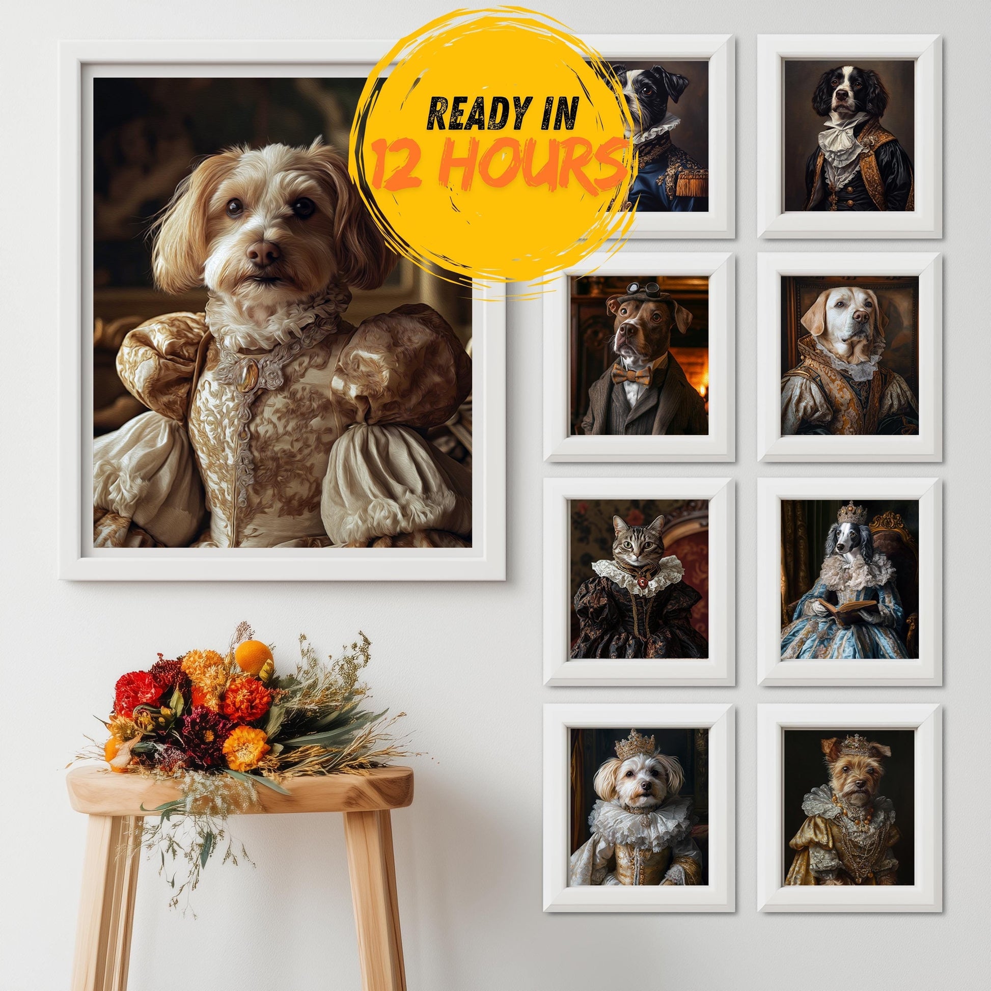 Royal family-style dog wearing a white queen outfit, framed in a white wooden frame. To the right, 10 more funny pet portraits are displayed, with a colorful flower-adorned chair in the background.