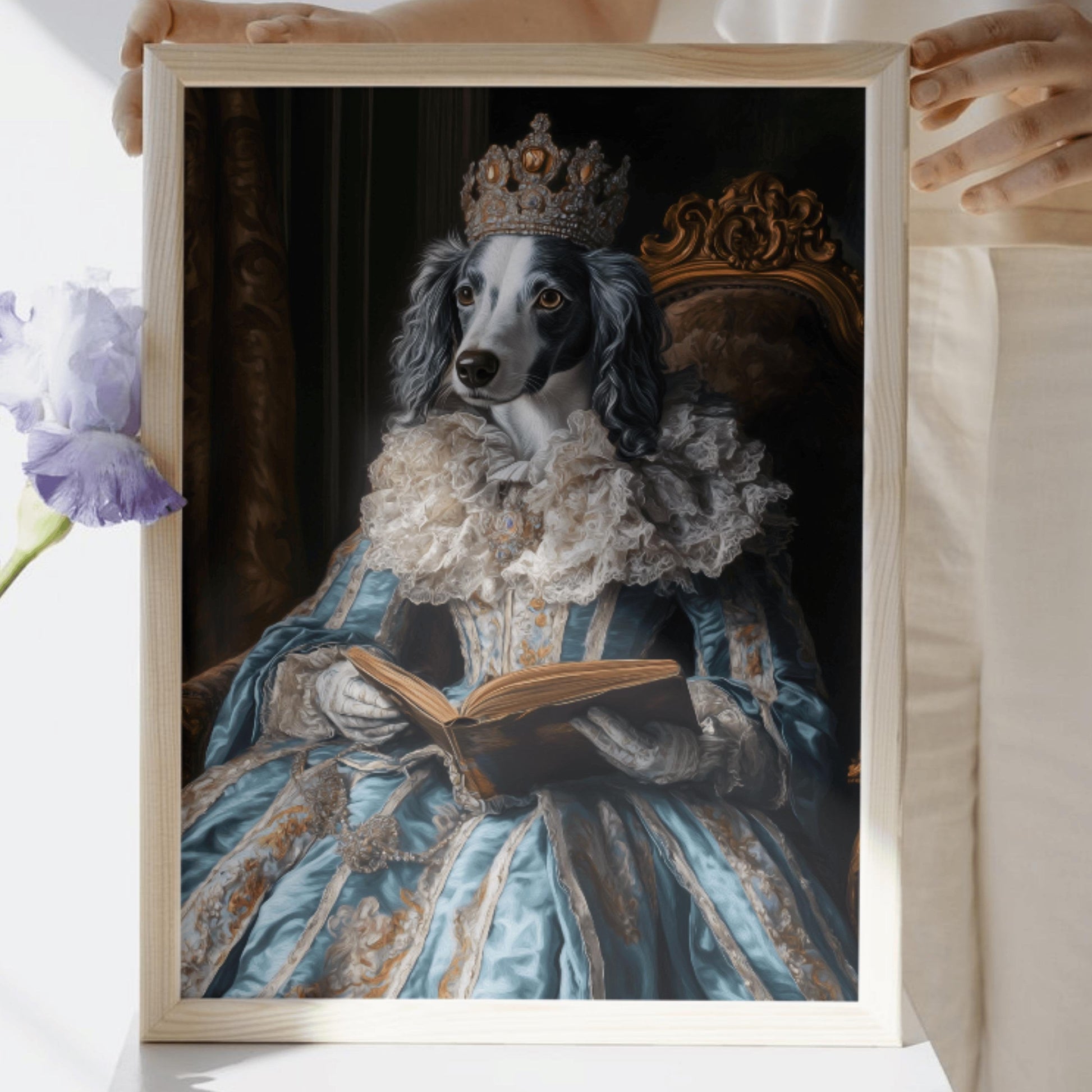 Wooden framed female pet portrait in a Renaissance-style dress wearing a queen crown, holding a book with a fancy chair in the background.