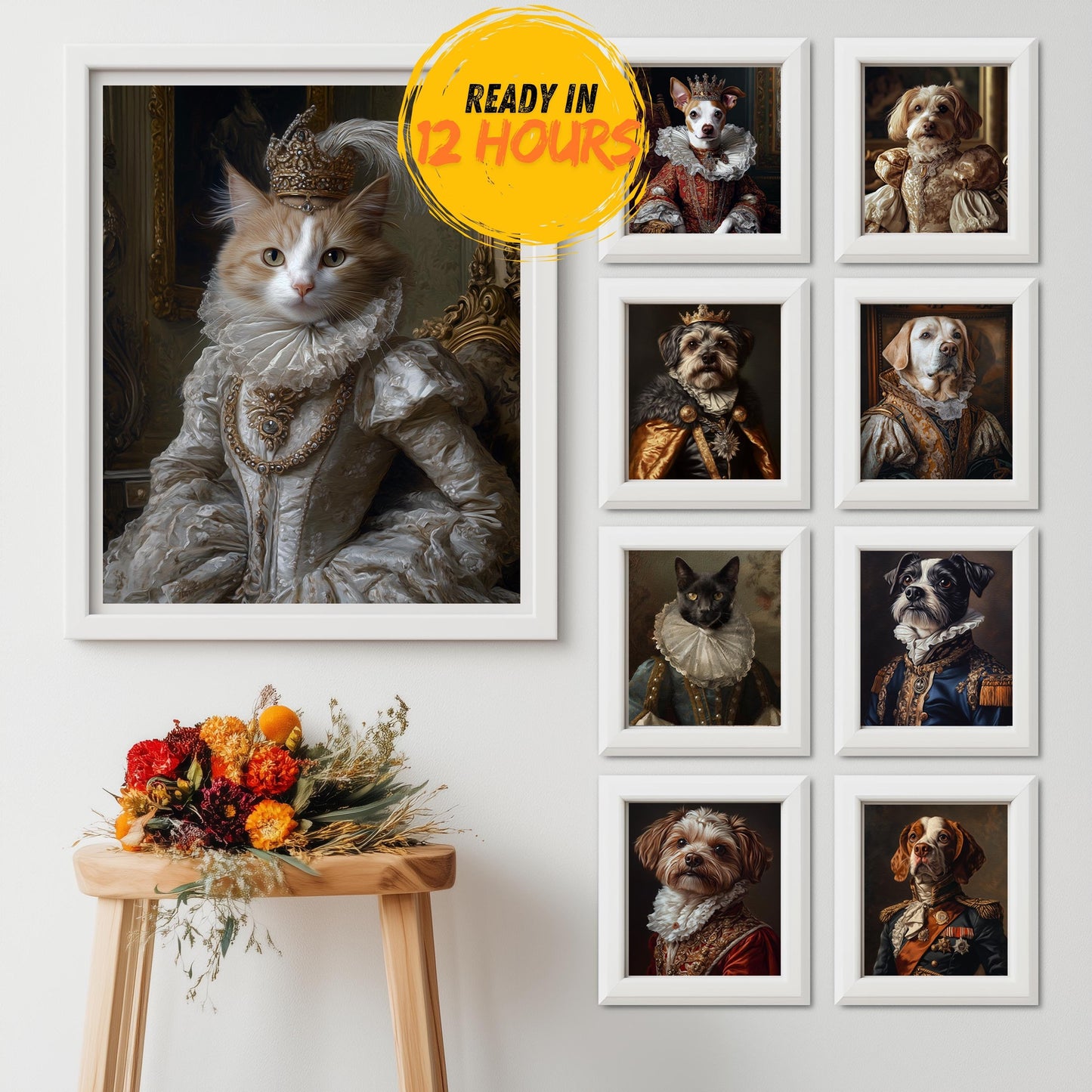 Royal family-style cat wearing a white queen outfit with a golden crown, framed in a white wooden frame. To the right, 10 more funny pet portraits are displayed, with a colorful flower-adorned chair in the background.