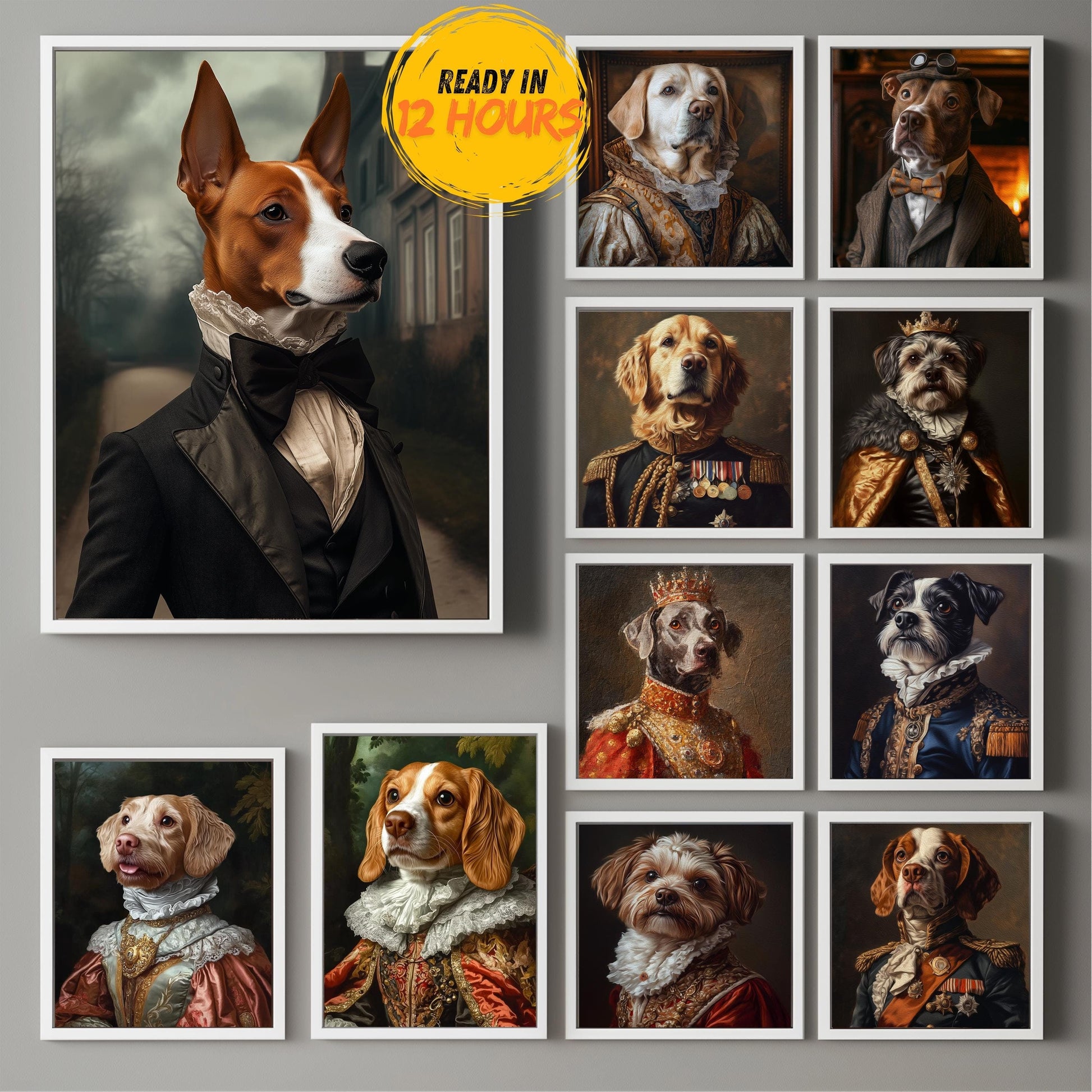 Dog wearing a black suit with a vintage background, framed in a white wooden frame. To the right, 10 more funny pet portraits are displayed. Pet oil painting from photo.