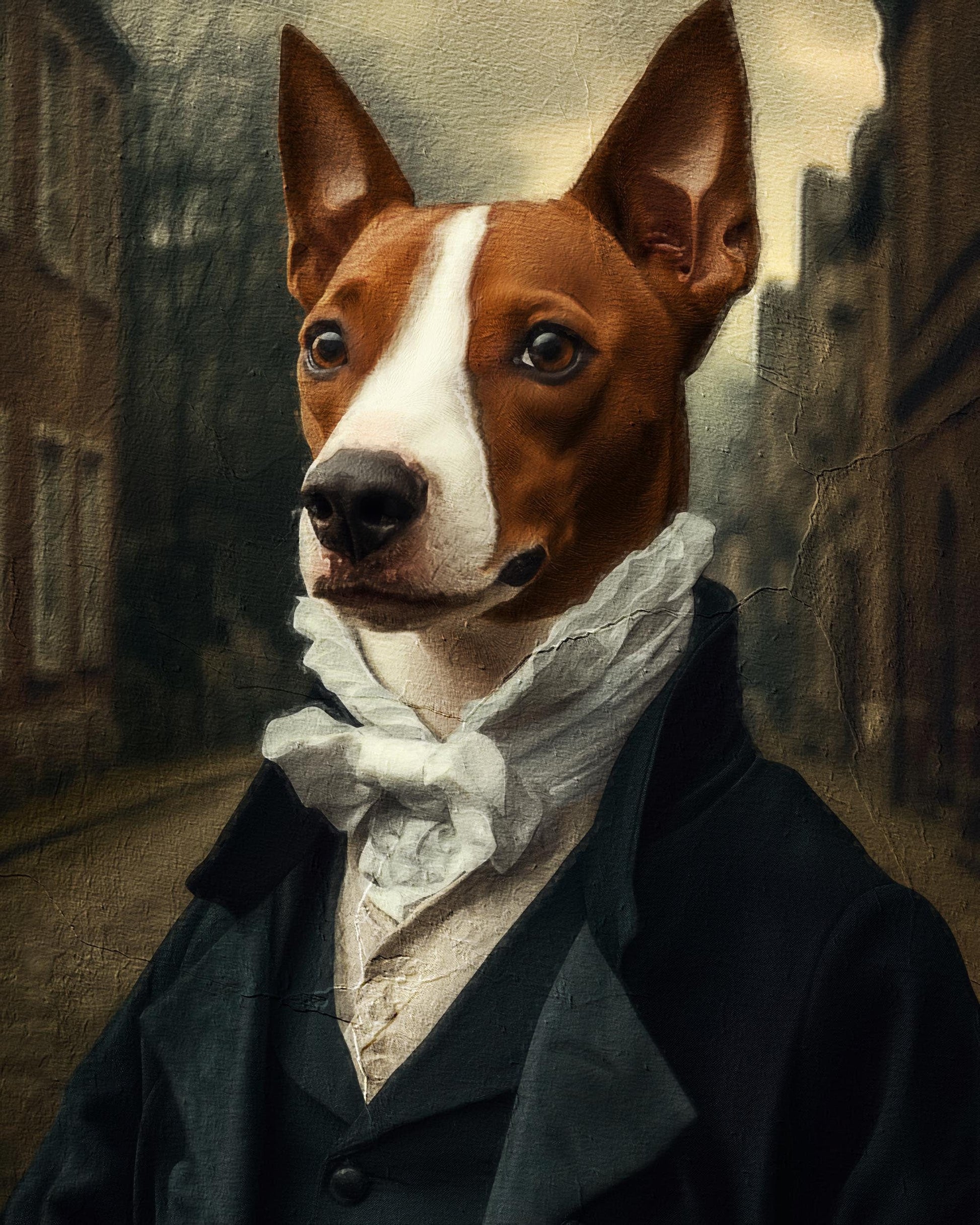 Short-haired dog wearing a black suit with a vintage background and old buildings behind. Pet oil painting from photo.