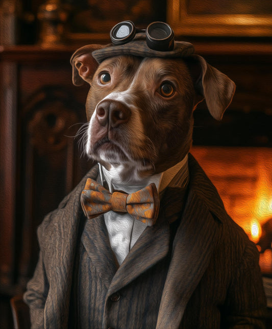 Dog wearing a brown business man outfit with goggles on his hat, standing in front of a fireplace. Pet oil painting from photo.