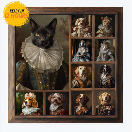 Large wooden frame featuring a black cat wearing a Renaissance-style blue dress on the left, with 8 Renaissance-style examples on the right and 2 custom portrait from photo cat and dog portraits below. Pet oil painting from photo.