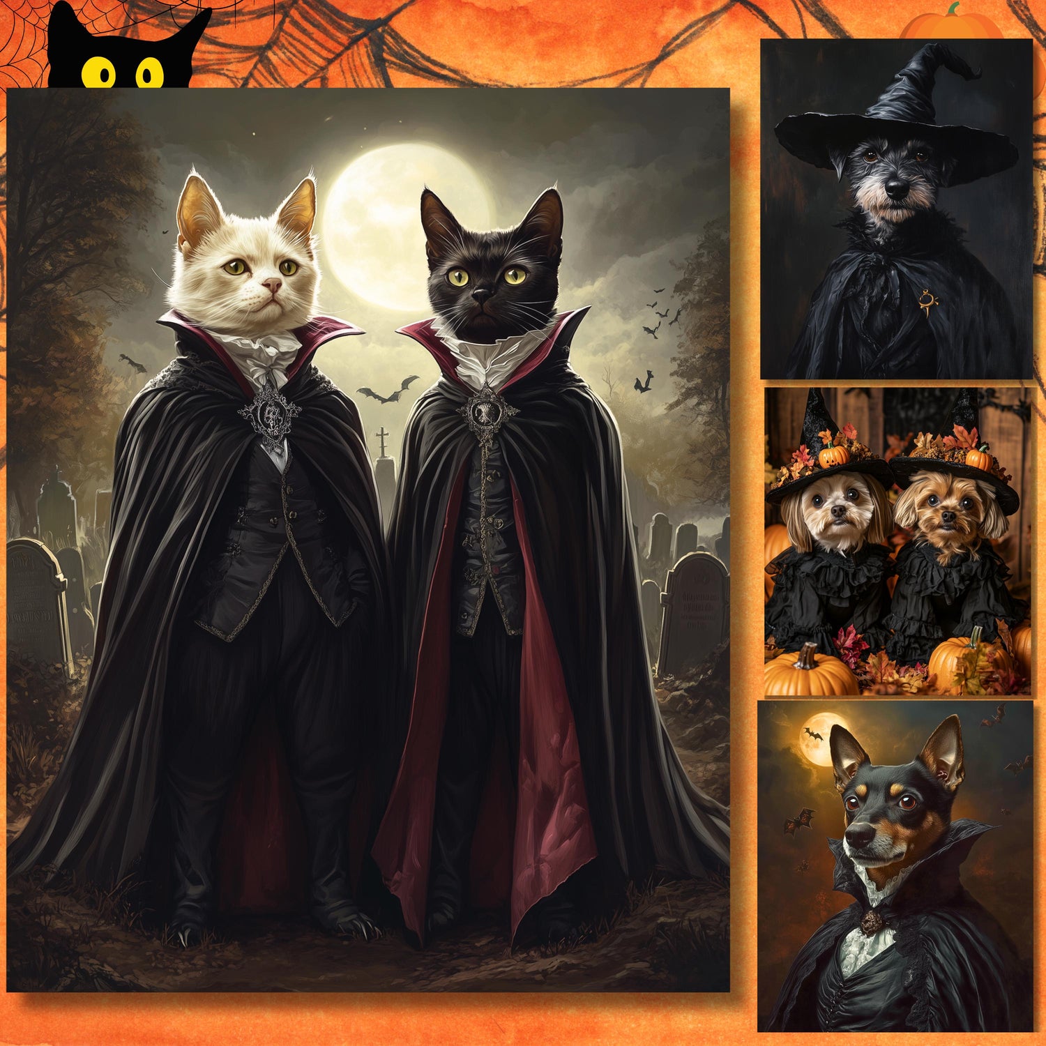 Custom Vampire Pet Portrait for Two Pets, Personalized Halloween Pet Art, Canvas or Framed Poster, Unique Pet Gift for Halloween Lovers