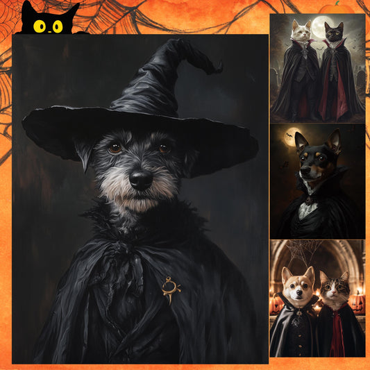 Custom Halloween Pet Portrait, Witch-Themed Pet Art, Digital Portrait, Canvas or Framed Poster, Halloween Decor, Gift for Pet Lovers