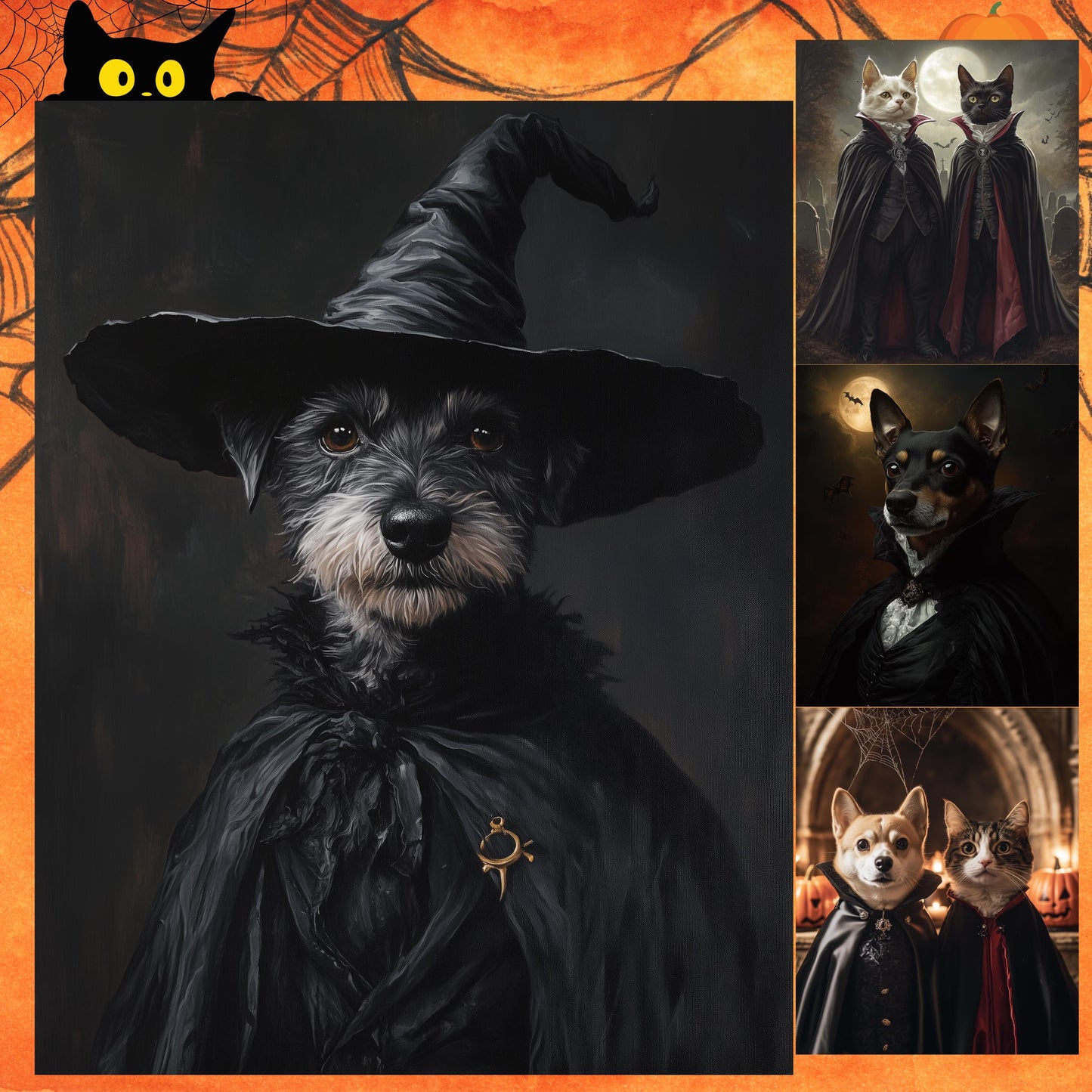 Custom Halloween Pet Portrait, Witch-Themed Pet Art, Digital Portrait, Canvas or Framed Poster, Halloween Decor, Gift for Pet Lovers