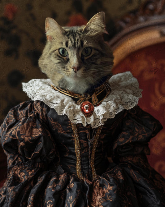 Renaissance cat painting of a cat wearing a Renaissance dress with a chair in the background, oil painted. Pet oil painting from photo.