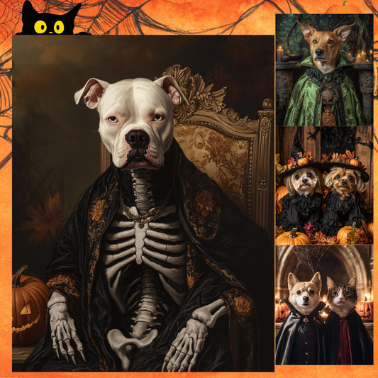 Custom Halloween Pet Portrait – Ghost-Themed Pet Art, Digital Pet Portrait, Canvas or Framed Poster, Halloween Decor, Gift for Pet Lovers