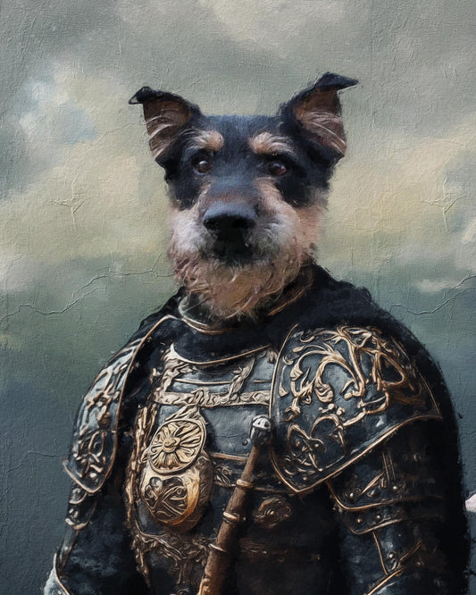 Custom dog portrait featuring a noble dog dressed in intricate medieval armor with gold details, styled as a regal Renaissance painting. Perfect for pet owners seeking unique, personalized pet artwork.